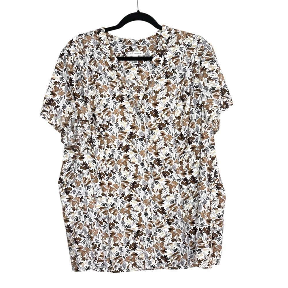 Croft and Barrow Brown and Gray Floral Button Down Top Size 2X Short Sleeve